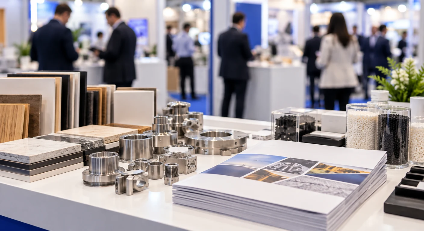 Material samples, machined metal parts and a printed catalogue on a trade fair display table with blurred visitors behind