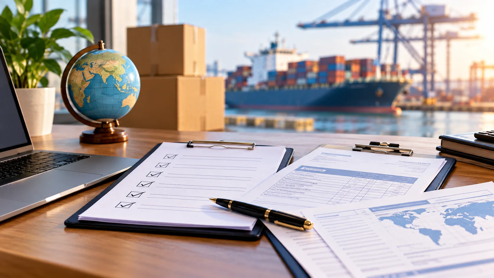 Export documentation checklist and trade paperwork on a desk overlooking a cargo port