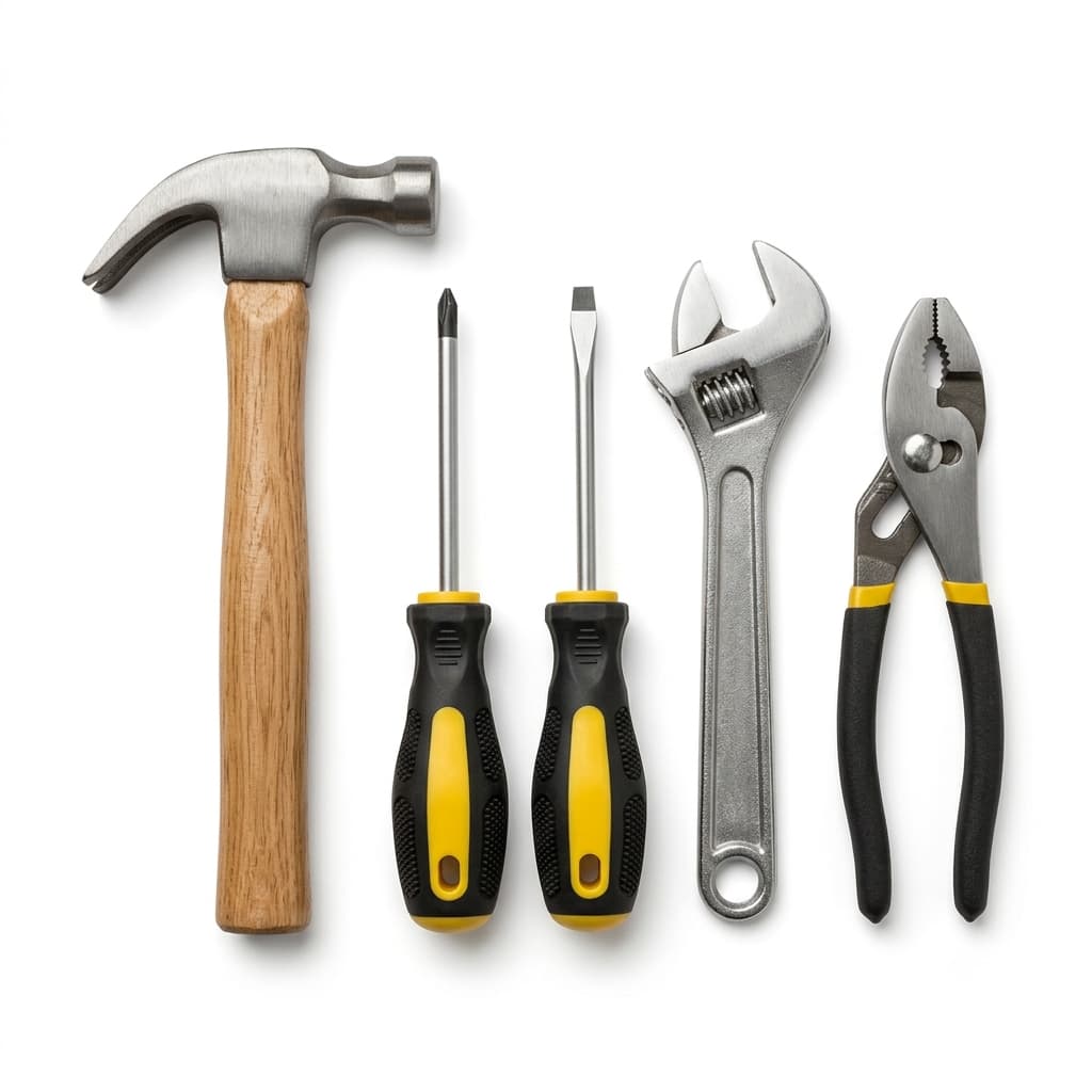 Assorted industrial hand tools including wrenches, pliers, hammers and screwdrivers
